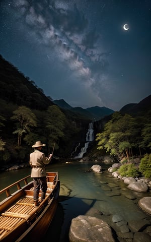 masterpiece, best quality, 8k, photo of landscape (waterfall from high mountain), riverflow (with stone and clear water), nightsky, moon(red), 1man (fisherman fishing on bamboo boat,wearing straw coat), detailed_background , photorealistic, highly detailed, windblow, defocus photo, sharp background, real life lighting, highlights, bright instagram LUT