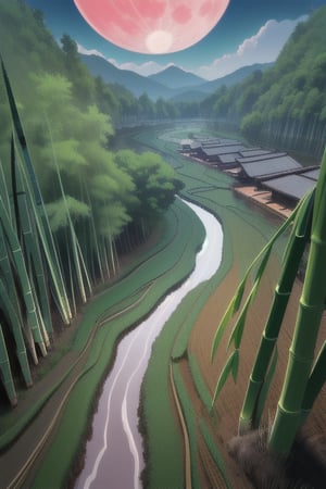 (8k picture), (high resolution) village river(clear water visible bottom), rice fields with bamboo forest fullmoon