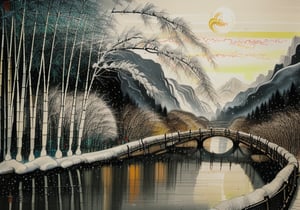 wgz_style,shukezouma,guofengnv,masterpiece, best quality,A painting, a landscape in winter, snowy, bamboo trees, rivers, distant mountains, night, moon, dragon(red flame skin flying above), bright pictures, realistic