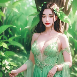 In a magical forest hidden from the world, there dwells a beautiful teen girl who is the guardian of nature's wonders. She is an enchanting creature, connected to the flora and fauna around her. Your task is to create an AI-generated artwork that brings this "Enchanting Forest Maiden" to life.

Imagine her with a radiant smile that reflects her kind and gentle nature. Her eyes should sparkle like emeralds, mirroring the lush greens of the forest she protects. Her hair can be adorned with delicate flowers or leaves, showcasing her harmonious bond with nature.

Dress her in ethereal attire inspired by the forest itself, blending natural elements into her clothing. She may wear a flowing gown made of leaves, petals, or even morning mist. Let her accessories shimmer with hints of magic, like twinkling crystals or glistening dewdrops.

Surround the Forest Maiden with the flora and fauna she cares for, ranging from majestic trees to playful woodland creatures. The forest should be filled with a sense of wonder and magic, with beams of sunlight filtering through the canopy, and mystical creatures peeking out from behind trees.