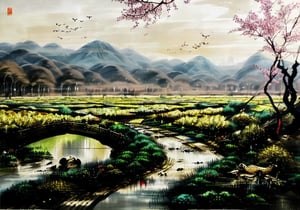 wgz_style,shukezouma,guofengnv,masterpiece, best quality,A painting, a landscape in spring, bamboo forest, distant mountains, dragon with red flame skin flying above river, bright pictures, realistic,yuyao