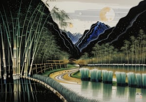 wgz_style,shukezouma,guofengnv,masterpiece, best quality,A painting, a landscape in winter, bamboo trees, rivers, distant mountains, night, moon, bright pictures, realistic