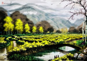 wgz_style,shukezouma,guofengnv,masterpiece, best quality,A painting, a landscape in spring, bamboo forest, distant mountains, dragon_(species) , bright pictures, realistic,yuyao