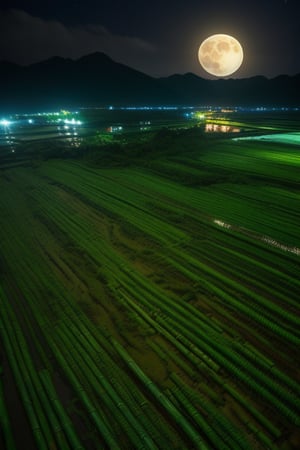 (8k picture), (high resolution) village river(clear water visible bottom), rice fields with bamboo forest fullmoon