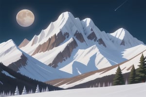 Snow-capped mountains:nightsky,moon,vast mountain range, surrounded by towering peaks adorned with blankets of glistening white snow. The jagged edges of the mountains create a dramatic and awe-inspiring landscape. The air is crisp and cool, and the silence is almost palpable. As sunlight reflects off the snow, it casts a soft, ethereal glow. The contrast between the pristine white snow and the deep blue sky adds to the breathtaking beauty of the scene.