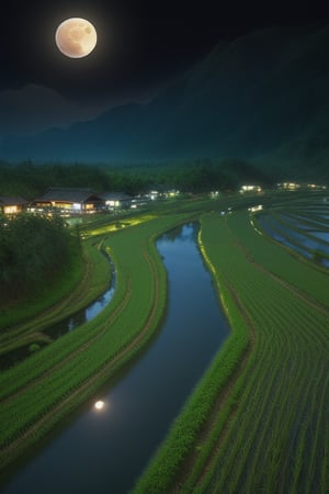 (8k picture), (high resolution)village with white clean water river and rice fields with bamboo forest fullmoon