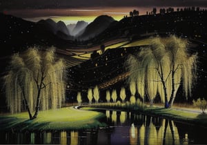 wgz_style,shukezouma,guofengnv,masterpiece, best quality,A painting, a landscape in early autum, willow trees, rivers, distant mountains, night, bright pictures