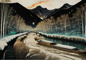 wgz_style,shukezouma,guofengnv,masterpiece, best quality,A painting, a landscape in winter, snowy, bamboo trees, rivers, distant mountains, night, moon, dragon with red flame skin flying above river, bright pictures, realistic