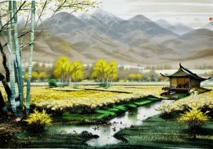 wgz_style,shukezouma,guofengnv,masterpiece, best quality,A painting, a landscape in spring, bamboo forest, distant mountains, dragon_(species) , bright pictures, realistic,yuyao