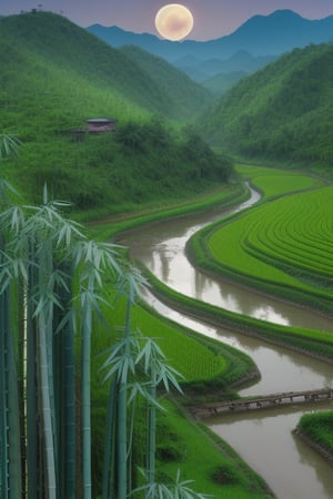 (8k picture), (high resolution)village with white clean water river and rice fields with bamboo forest fullmoon