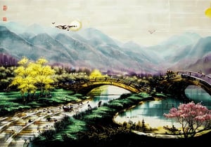 wgz_style,shukezouma,guofengnv,masterpiece, best quality,A painting, a landscape in spring, snowy, bamboo trees, rivers, distant mountains, night, moon, dragon with red flame skin flying above river, bright pictures, realistic,yuyao