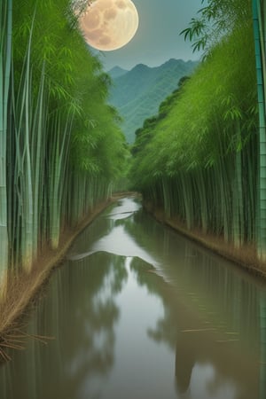 (8k picture), (high resolution) village river(clear water visible bottom), rice fields with bamboo forest fullmoon