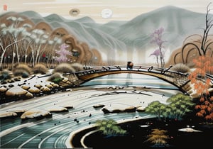 wgz_style,shukezouma,guofengnv,masterpiece, best quality,A painting, a landscape in winter, snowy, bamboo trees, rivers, distant mountains, night, moon, dragon with red flame skin flying above river, bright pictures, realistic