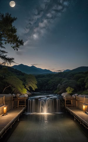 masterpiece, best quality, 8k, photo of landscape (waterfall from high mountain), riverflow (with stone and clear water), nightsky, moon(red), 1man (fisherman fishing on bamboo boat,wearing straw coat), detailed_background , photorealistic, highly detailed, windblow, defocus photo, sharp background, real life lighting, highlights, bright instagram LUT