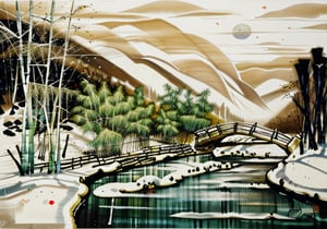 wgz_style,shukezouma,guofengnv,masterpiece, best quality,A painting, a landscape in winter, snowy, bamboo trees, rivers, distant mountains, night, moon, dragon with red flame skin flying above river, bright pictures, realistic