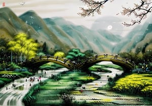 wgz_style,shukezouma,guofengnv,masterpiece, best quality,A painting, a landscape in spring, snowy, bamboo trees, rivers, distant mountains, night, moon, dragon with red flame skin flying above river, bright pictures, realistic,yuyao