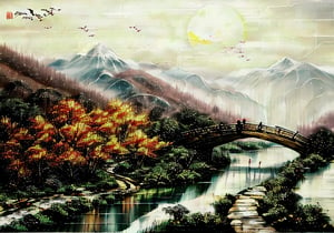 wgz_style,shukezouma,guofengnv,masterpiece, best quality,A painting, a landscape in spring, snowy, bamboo trees, rivers, distant mountains, night, moon, dragon with red flame skin flying above river, bright pictures, realistic,yuyao