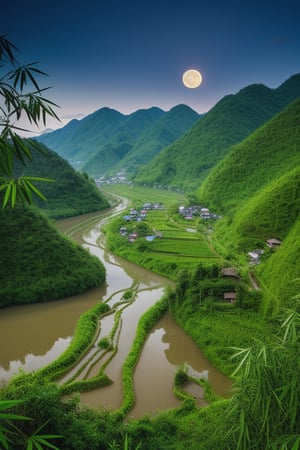 (8k picture), (high resolution)village with river and rice fields visible from the hills with bamboo forest fullmoon