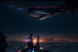 ((best quality)), Two persons sitting together on the edge of a roof, sci-fi wallpaper, (seen from the back), futuristic city in the background, night, (many planets in the sky), luminous planets similar to saturn, nebulae, cyberpunk light, (city of high futuristic skyscrapers), cinematic look, film shot, camera blur, depth of field, film grain, balanced colours, extreme photorealism, background with impressive details and monumental architecture, galaxy