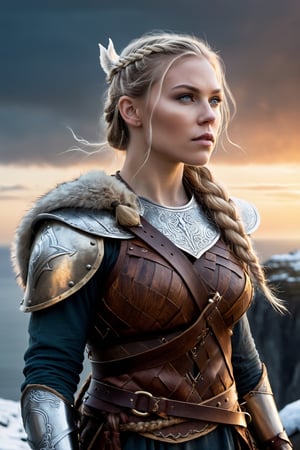 Create an illustration of a female viking warrior, her appeareance is beautiful yet strong and viril, beautiful face, beautiful eyes, realistic hyperdetailed skin, two meters long blonde hair gathered in a long braid, standing on the top of a cliff, wearing fur clothes, holding a sword, viking armature, artistic composition, sunset, golden hour, dark sky, fog, island, icebergs, sea, ocean, freezing cold, incredibly detailed, hyperrealistic, hyperdetailed, Extremely Realistic,more detail XL