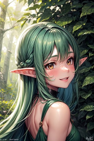 (1girl), (elf),pointy ears, long green hair, brown eyes, wearing elfic green dress, happy face, blissed face, red face, cosplay, in the forest, cute,, smooth colours, high details, 2.5d, back view