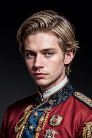 ((best quality)), ((masterpiece)), portrait of prince Nikolaj Rostov, young noble with blonde hair and blue eyes, innocent face of someone who has never faced the horror of war, Russian, War and Peace, nineteenth century, insane details, intricate details, 8k raw