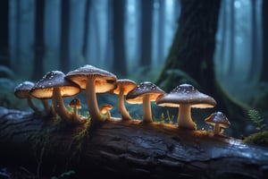 Dreamy underwood at night, a group of fairy mushrooms growing on a big musky empty trunk, musk, humidity, mist, photoluminescence, lot of details, humidity, drops of water shining with the moonlight,  light blend, camera glare, depth of field, sharp focus, miniature, dreamy light, enchanted picture, harmonic coomposition, aesthetics, rule of thirds, 16k uhd raw