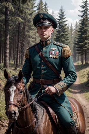 ((best quality)), ((masterpiece)), portrait of prince Andrej Bolkonsky, 1man, Russian, War and Peace, general of the russian army under zar Alexander, nineteenth century, young man searching for glory, riding a horse in the russian forest, photorealistic, insane details, intricate details, perfect hands, 8k raw