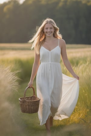 Photo of a young european girl, aged 25, walking in a green meadow surrounded by nature, she wears a simple long white dress and walks between the high grass that hides the lower part of her body, carrying a wicker basket, looking happy and serene, she is a beautiful girl with blonde hair and green eyes, she has pale skin, her face is beautiful gentle and well proportionate, the photo is shot by a professional photographer with a professional camera during the golden hour of a sunny day, the composition is interesting and captivating capturing the beautiful simplicity of the subject, documentary photo, hyperrealisti, photorealistic, intricate details, insane details, perfect color balance, warm colors, smooth shadows, perfect hands