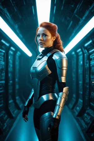 photo of  1woman in a spaceship corridor, , tech background, natural pose, high definition face, accurate face, beautiful face:1.5, ultra realistic skin, redhead, scifi armor, cyberpunk lights, sci-fi armature, high resolution background, realistic colors, interesting colors, interesting lights, dramatic lights, dramatic colors, cinematic color grading, shot in a set of a scifi colossal, Movie Still