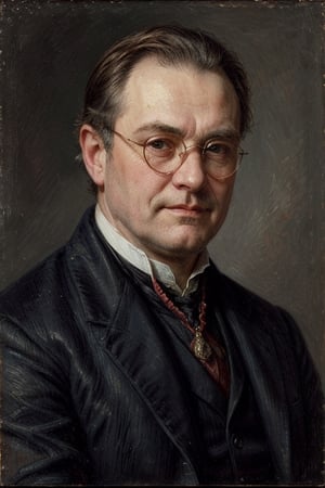 ((best quality)), ((masterpiece)), portrait of Pierre Bezukoff, an extremely rich noble with a tender heart and the aim of helping everybody, he's extremely robust but not fat, his expression is shy and sweet, he wears round glasses with (thick lenses), Russian, War and Peace, nineteenth century, historic portrait, insane details, intricate details, 8k raw