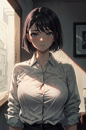 (masterpiece:1.2, best quality:1.2, beautiful, high quality, highres:1.1, aesthetic), detailed, extremely detailed, ambient soft lighting, 4K, perfect eyes, perfect face, perfect lighting, 1girl, black hair, black eyes, short hair, bob cut, medium breasts, narrow waist, slim legs, white skin, looking at viewer, light frown, (naked shirt:1.2), oversized shirt, shirt tug, clothes tug,