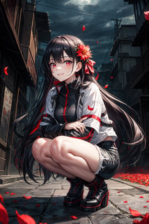 vibrant colors, girl, masterpiece, sharp focus, best quality, cinematic lighting, detailed outfit, perfect eyes, glowing eyes, squatting, black hair, colored inner hair, red eyes, very long hair, foliage, floating flower petals, sunlight, scenery, night, futuristic city, shorts, shirt, (looking at viewer), (portrait), smiles slightly, outdoors, fate/stay background