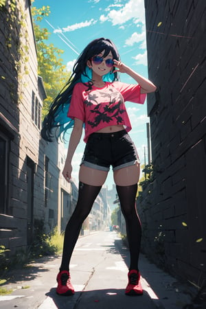 vibrant colors, girl, masterpiece, sharp focus, best quality, cinematlicilghting, detailed outfit, perfect eyes, dynamic pose, blue hair, red eyes, very long hair, sidewalk, foliage, pink sunglasses, sunlight, clear sky, colored inner hair, shorts, shirt, black legwear, smiling,