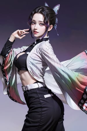 masterpiece, absurdres ,kimetsu no yaiba style, 1girl, solo, kochou shinobu, butterfly hair ornament, purple eyes, multicolored hair, short hair, parted bangs, haori, wide sleeves, long sleeves, black pants, black jacket, belt, floating hair, purple moon, looking at viewer, smile, large ass, large boobs, ass, hentai, ecchi, naked, pussy, boobs