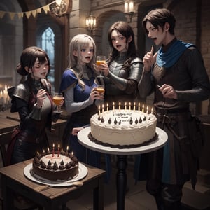 Typical group of medieval fantasy RPG adventurers, singing happy birthday behind a table with birthday cake.