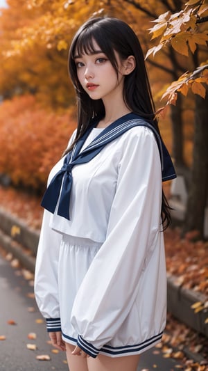 1 girl, autumn, autumn fashion, sailor suit, detailed background,topheavy