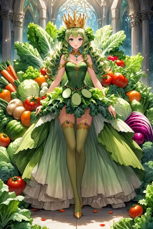 A princess made entirely of vegetables, her gown a vibrant array of lettuce, carrots, and tomatoes. Her hair, a cascade of curly kale, adorned with a crown of radishes and cucumbers. She stands tall and regal, her eyes bright with the colors of her vegetable kingdom. This vegetable princess radiates freshness and health, a whimsical and unique creation of nature's bounty.