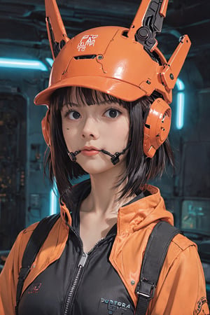 1girl, solo, looking at viewer, short hair, black hair, hat, jacket, upper body, hood, black eyes, mask, helmet, mouth mask, orange headwear, orange theme, cyberpunk,FuturEvoLab-girl,FuturEvoLab-mecha,FuturEvoLab-Bunny,Red mecha