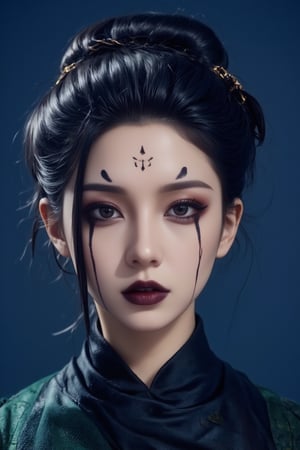 Portrait style image featuring a woman with fair skin and striking facial features. She has dark, expressive eyes accentuated with bold black eyeliner and intricate black markings on her forehead and under her eyes. Her lips are painted black, complementing her dramatic makeup. Her dark hair is styled in an elegant updo, adorned with a gold hairpin that has a chain detail. She is dressed in a dark, high-collared outfit with a layered green and black robe, set against a solid blue background. The overall aesthetic is reminiscent of traditional East Asian attire with a modern, artistic twist, Spider spirit Fourth sister, 