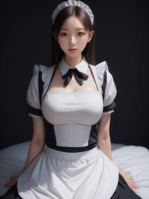 realistic, masterpiece, best quality, ultra-detailed, ultra high res, photorealistic, RAW photo, realistic lighting, 
BREAK
1girl:1.5, solo, upper body, Maid, FuturEvoLabgirl, FuturEvoLabMaid, black background, FuturEvoLabGirl