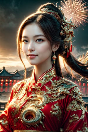 (masterpiece, high quality:1.5), Vibrant, detailed, high-resolution, artistic, majestic, magnificent, elaborate detail, awe-inspiring, splendid, celebratory, 
1 girl, China Tang Dynasty costumes, elegant, traditional, culturally rich, 
night sky, grand fireworks display, glowing red lanterns, cultural heritage, festive atmosphere, ancient cityscape, traditional architecture, 
(Giant golden dragon:1.2), flying dragon in the sky, large, majestic, overwhelming presence, by FuturEvoLab, historical, mythical, dynamic, visually striking, Exquisite face,1 girl,More Detail,Oiran,Exquisite face,Chinese Palace