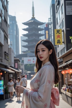 A stunning Japanese beauty stands out on futuristic Kyoto streets, her traditional kimono vibrant against sleek, high-tech architecture with shimmering digital panels and holographic displays. Confidently posing with hands tucked into her sleeves, her long hair flows gently in the soft glow of the afternoon sun. Futuristic, AI-enhanced temples rise gracefully behind her, blending tradition with advanced technology, while street vendors' stalls now feature interactive digital elements, bursting with neon colors. Her elegant figure is framed by this bustling, technologically advanced cityscape.