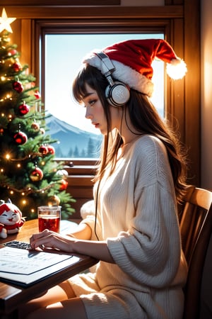 An illustration of a LOFI girl in a Christmas atmosphere, studying by a window in the early morning, in a style that can be either semi-realistic or anime. She is shown in profile, looking down at her homework with her right hand writing. She's wearing headphones and a Christmas hat, immersed in her music. Beside her is a Japanese Maneki-neko (lucky cat) with its left paw raised. The room has a cozy, festive ambiance. Outside the window, there's a view of Mount Fuji, a cluster of small houses, and numerous Christmas trees, capturing the essence of a Christmas morning. The image is ideal for a LOFI music background, ,Lofi style
