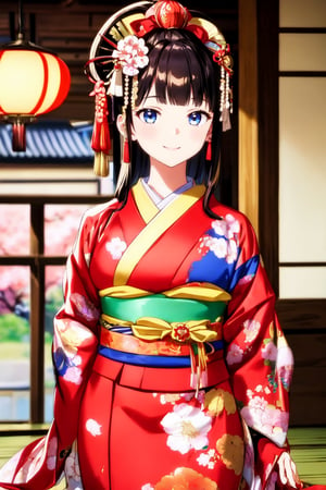 vibrant, detailed, high-resolution, artistic, 
Oiran, Japanese courtesan, Gorgeous kimono,
Red and yellow kimonos, elaborate hairstyle, elegant posture, subtle makeup, refined gestures, 
historical Japanese setting, Edo period, teahouse interior, traditional Japanese garden, cherry blossoms, Japanese lanterns, wooden architecture, by FuturEvoLab, 
cultural, historical, serene, colorful, ornate accessories, Phoenix pattern, floral patterns, silk fabrics, cultural heritage, ,Exquisite face