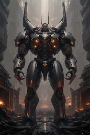 A futuristic mecha giant stands proudly in a desolate cityscape at sunset, its metallic body glowing with an otherworldly aura. The massive robot's arms stretch wide, holding aloft a gleaming sword, as it gazes out upon the ruins of civilization. Smoke and flames dance in the background, while neon lights flicker to life on the mecha's chest, casting an eerie glow over the devastation.,FuturEvoLabArmor,FuturEvoLabMecha,FuturEvoLabGiant