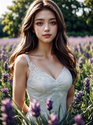 1girl, solo, lovely girl, upper body, ultra-realistic portrait of a beautiful young lady standing in front of a lavender field, gentle breeze, flawless skin, charming face, playful pose, lavender flowers sunny background, natural glow, floral enchantress,
(8k, HDR, extremely detailed, masterpiece, best quality:1.3), film style, film grain, hasselblad style, hasselblad lens style