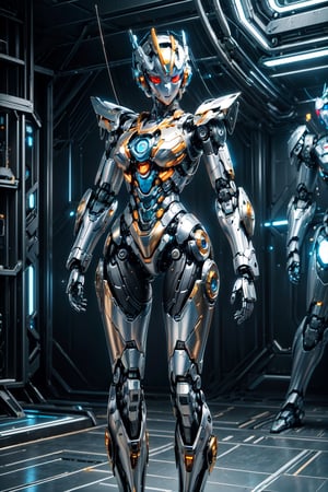 ((high resolution)), ((8K)), ((incredibly absurdres)), break. (super detailed metallic skin), (an extremely delicate and beautiful:1.3), break, ((1robot:1.5)), ((slender body)), (medium breasts), (beautiful hand), ((metallic body:1.3)), ((cyber helmet with full-face mask:1.4)), break. ((no hair:1.3)) , (blue glowing lines on one's body:1.2), break. ((intricate internal structure)), ((brighten parts:1.5)), break. ((robotic face:1.2)), (robotic arms), (robotic legs), (robotic hands), ((robotic joint:1.2)), (Cinematic angle), (ultra-fine quality), (masterpiece), (best quality), (incredibly absurdres), (highly detailed), high res, high detail eyes, high detail background, sharp focus, (photon mapping, radiosity, physically-based rendering, automatic white balance), masterpiece, best quality, ((Mecha body)), furure_urban, incredibly absurdres, science fiction, Fire Angel Mecha,Golden Warrior Mecha