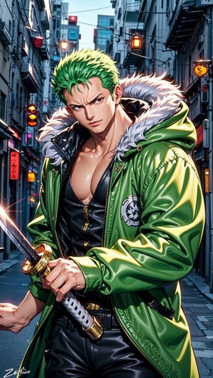  Roronoa Zoro, the iconic character from the One Piece anime:

"Generate a striking and highly detailed visual representation of the legendary swordsman, Roronoa Zoro, from the One Piece anime. Zoro is known for his distinctive appearance and formidable skills.

His hair is a vibrant shade of green, complementing his determined brown eyes. He stands tall and resolute, exuding an air of strength and unwavering determination. Zoro is clad in his signature green outfit, complete with a white haramaki and a bandana.

In his skilled hands, he wields not one but two katana swords, each one unique and finely detailed. The swords should be a reflection of his mastery and the essence of his character.

This image should capture the essence of Zoro's iconic appearance, showcasing his powerful presence and his status as one of the most beloved characters in the One Piece series." Photographic cinematic super super high detailed super realistic image, 8k HDR super high quality image, masterpiece,perfecteyes,zoro, ((perfect hands)), ((super high detailed image)), ((perfect swords)), ,Cyberpunk