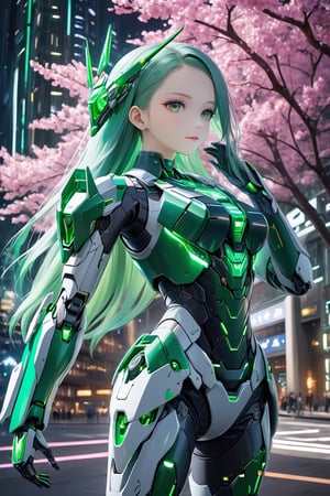 Masterpiece, High quality, 64K, Unity 64K Wallpaper, HDR, Best Quality, RAW, Super Fine Photography, Super High Resolution, Super Detailed, Beautiful and Aesthetic, Stunningly beautiful, Perfect proportions, 
1girl, Solo, White skin, Detailed skin, Realistic skin details, (Mecha:1.5)
Futuristic Mecha, Arms Mecha, Dynamic pose, Battle stance, Swaying hair, by FuturEvoLab, 
Dark City Night, Cyberpunk City, Cyberpunk architecture, Future architecture, Fine architecture, Accurate architectural structure, Detailed complex busy background, Gorgeous, Cherry blossoms,
Sharp focus, Perfect facial features, Pure and pretty, Perfect eyes, Lively eyes, Elegant face, Delicate face, Exquisite face, Green Crystal Mecha, ,Green Crystal Mecha,Colorful Binary Code Energy, Blue Backlight